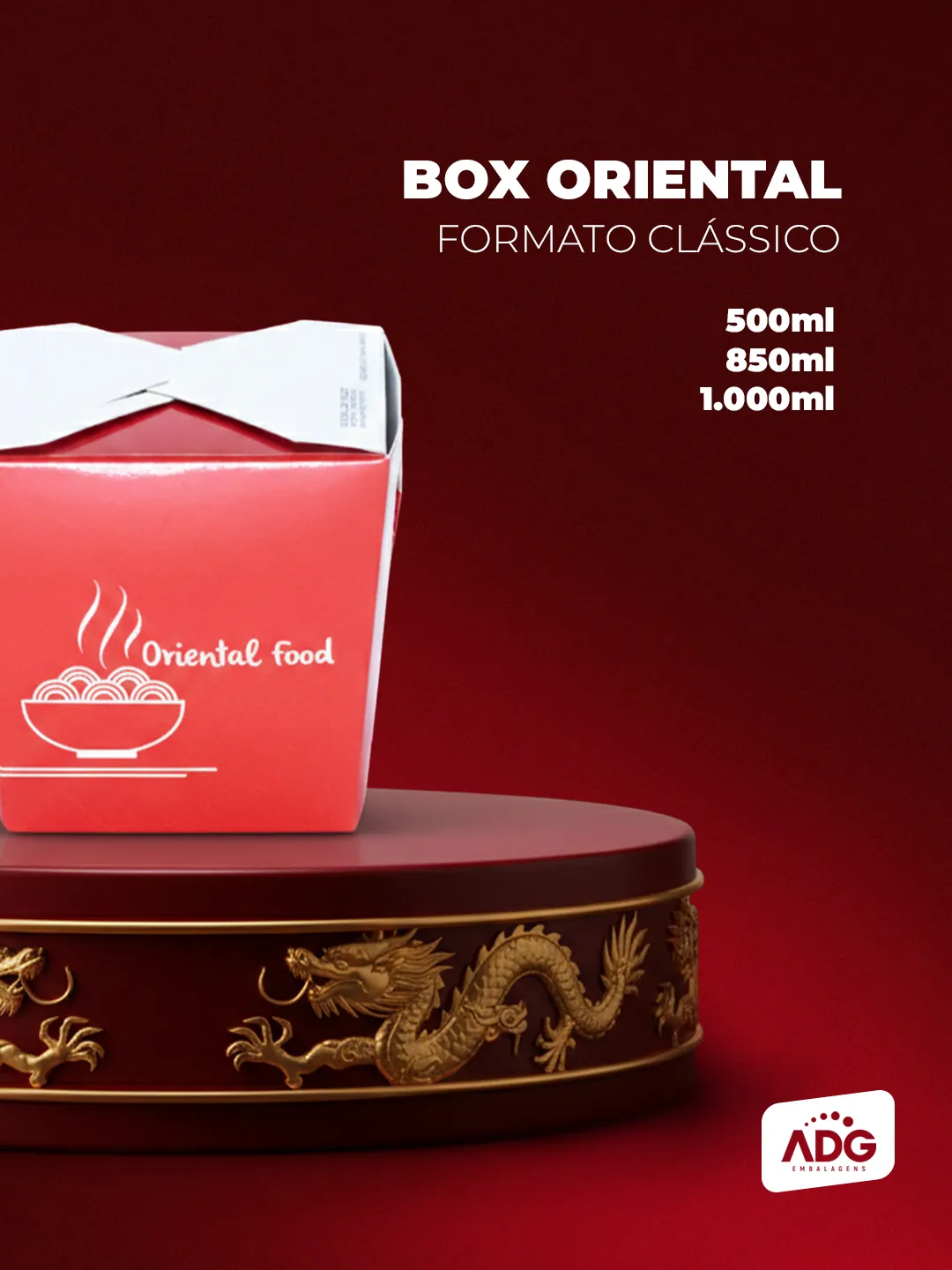 Box oriental vermelha em formato clássico sobre pedestal.