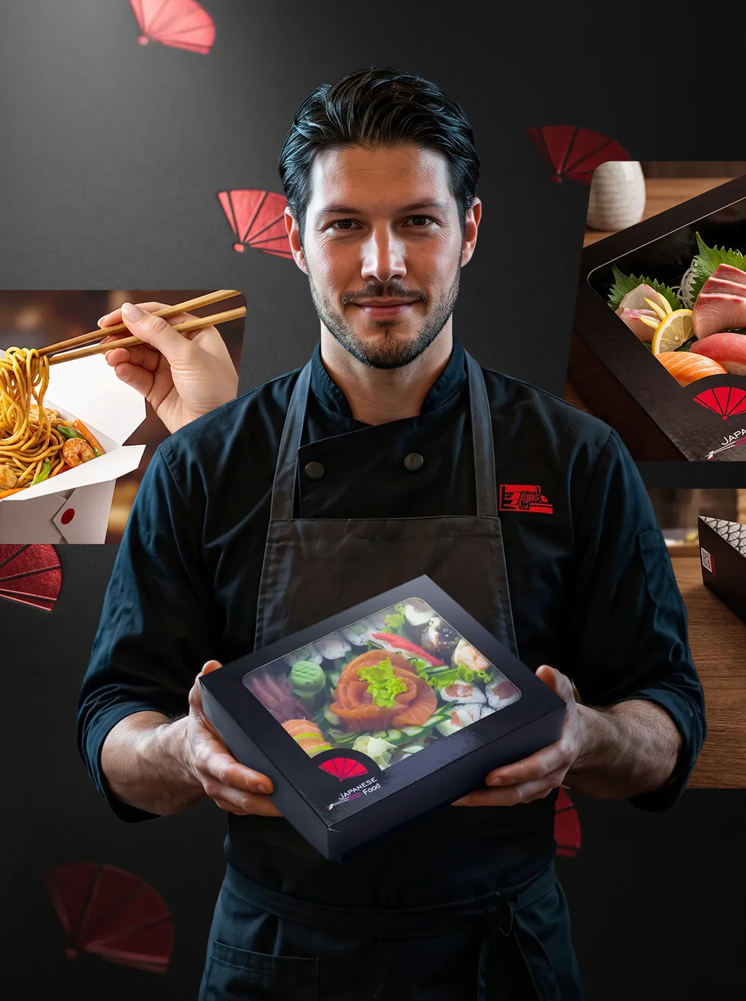 Chef segurando box para comida japonesa da ADG.