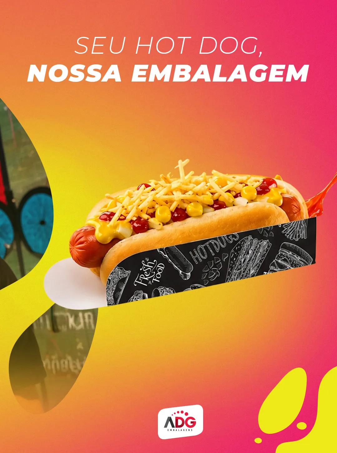 Bandeja preta para hot dog, título “Seu hot dog, nossa embalagem”.