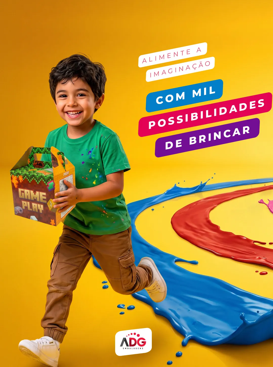 Menino correndo com maleta infantil “Game Play”.
