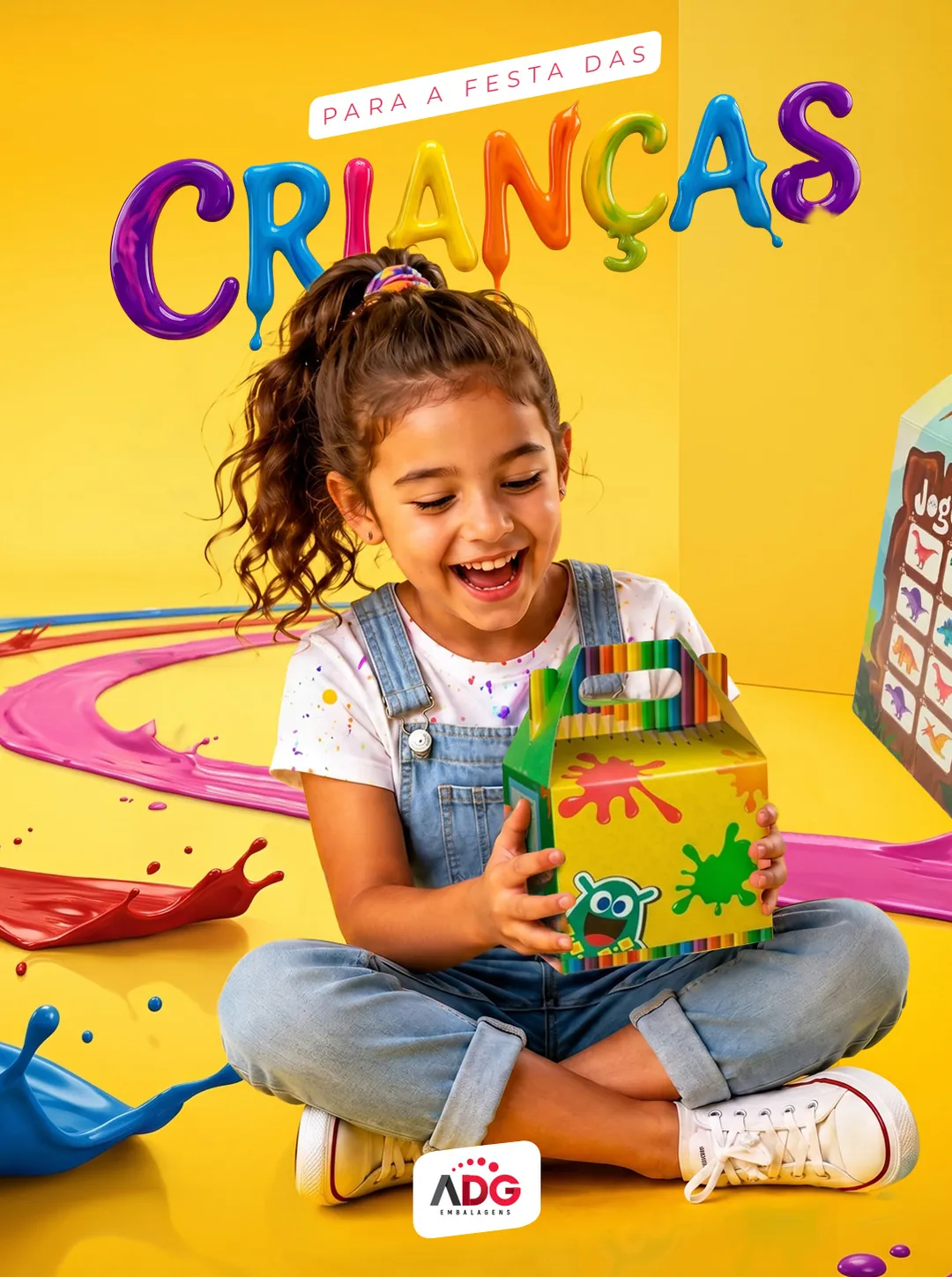 Menina sentada com maleta infantil colorida, título “Crianças”.