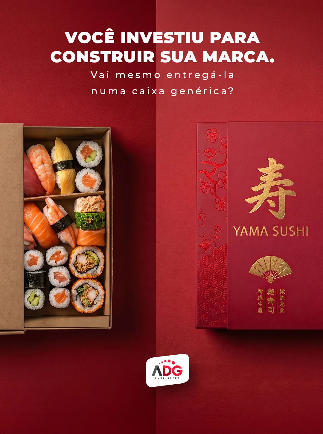 Caixa kraft genérica comparada a uma embalagem personalizada Yama Sushi.