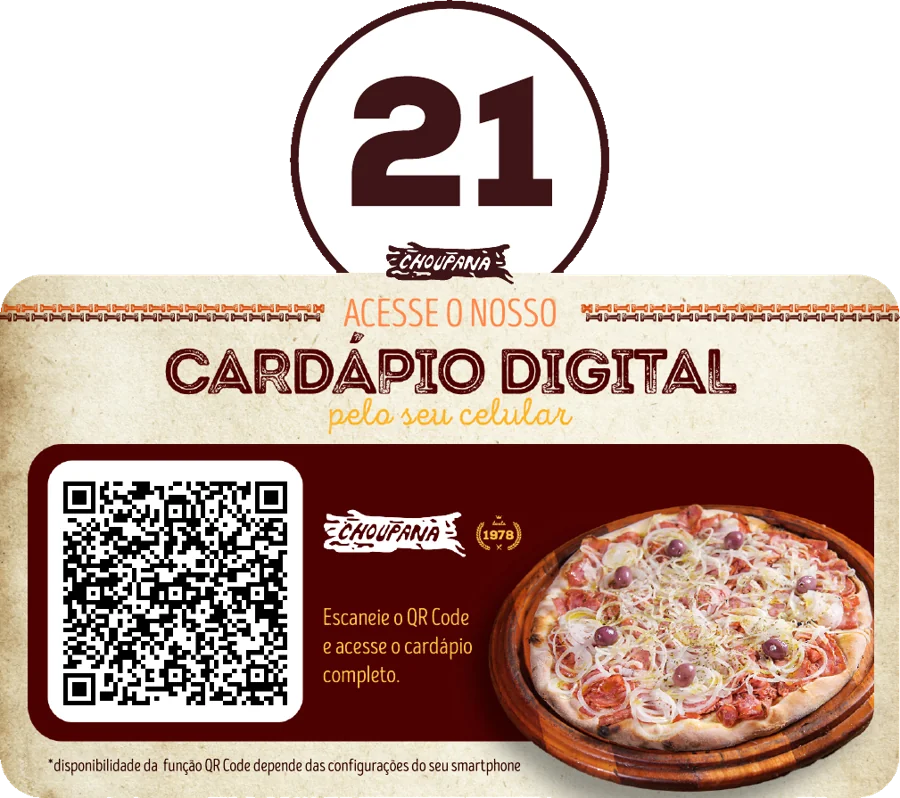 Plaquinha de mesa numerada do Choupana com QR code e a chamada “Acesse o nosso cardápio digital pelo seu celular”.