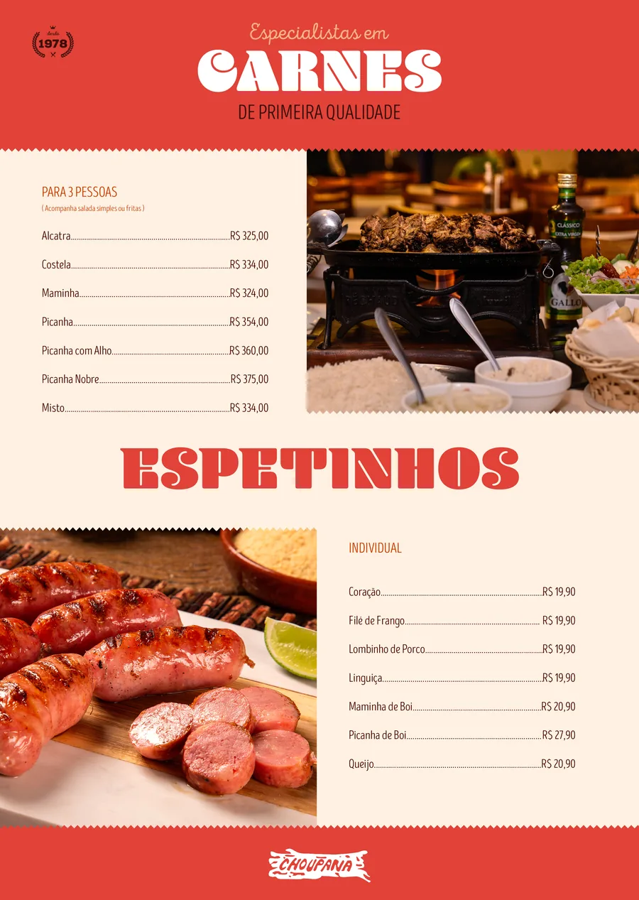 Página do cardápio 2025 do Choupana: Carnes e espetinhos, com as fotografias dos pratos.