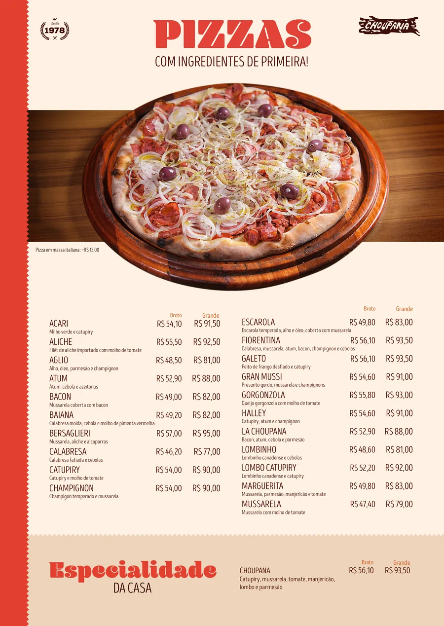 Página do cardápio 2025 do Choupana: Pizzas, com as fotografias dos pratos.