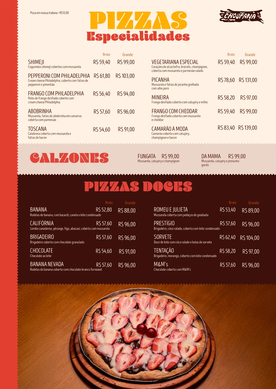 Página do cardápio 2025 do Choupana: Pizzas especiais e doces, com as fotografias dos pratos.