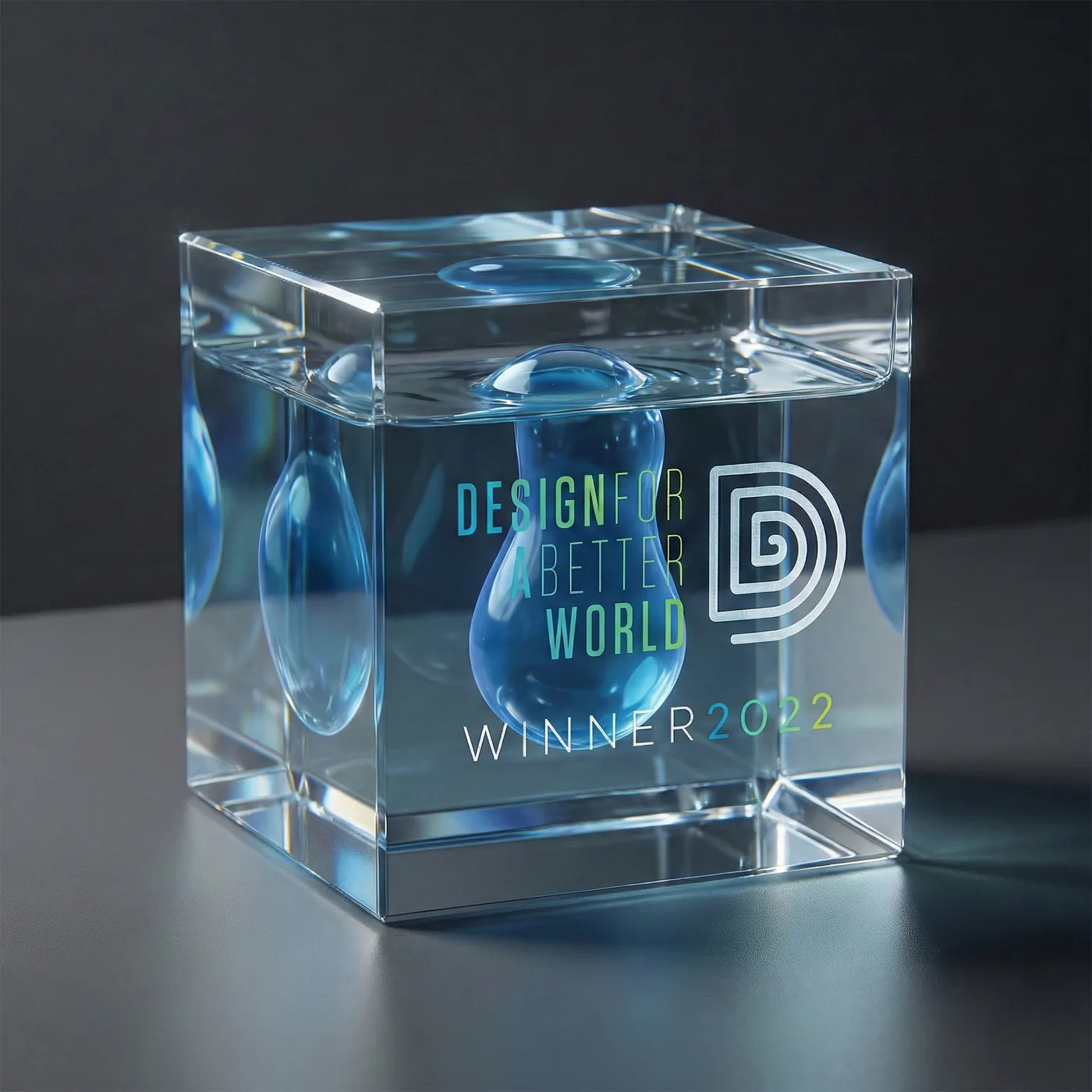 Cubo transparente com uma gota de líquido azul suspensa e o selo Design for a Better World Winner 2022.