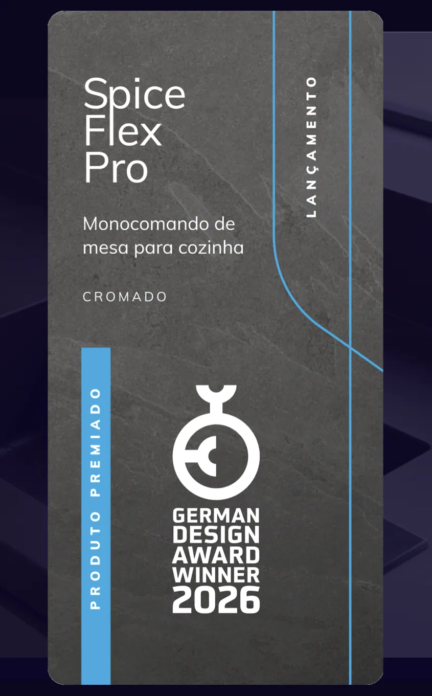 Placa vertical de lançamento do Spice Flex Pro em textura de pedra escura, com a faixa “Produto premiado” e o selo German Design Award Winner 2026.