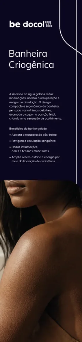 Totem be docol: Banheira Criogênica. Fundo roxo-escuro, título em branco, texto do produto, linhas curvas em azul e foto na parte de baixo.