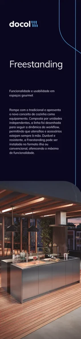 Totem Docol: Freestanding. Fundo roxo-escuro, título em branco, texto do produto, linhas curvas em azul e foto na parte de baixo.