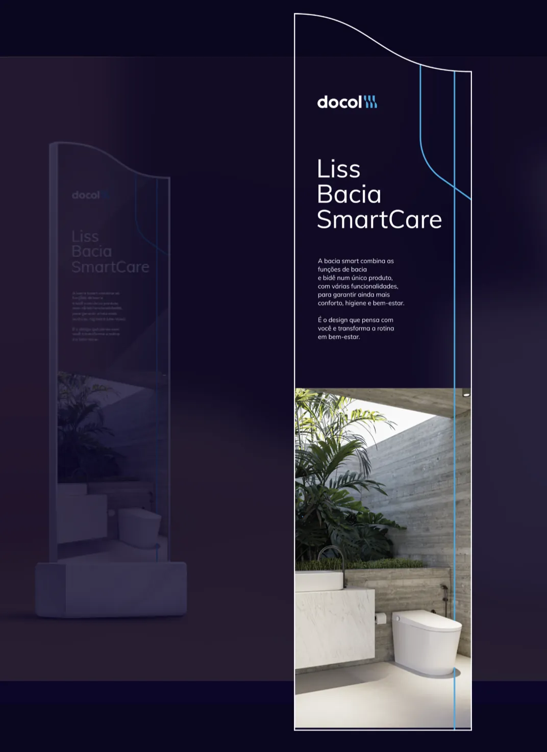 Arte da placa hero da Liss Bacia SmartCare: logo docol, título, texto sobre a bacia smart e foto do banheiro, com as linhas curvas em azul.