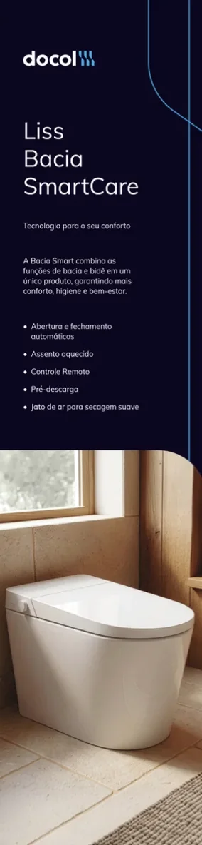 Totem Docol: Liss Bacia SmartCare. Fundo roxo-escuro, título em branco, texto do produto, linhas curvas em azul e foto na parte de baixo.