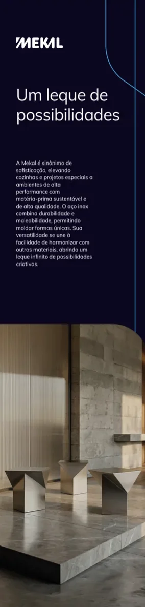 Totem Mekal: Um leque de possibilidades. Fundo roxo-escuro, título em branco, texto do produto, linhas curvas em azul e foto na parte de baixo.