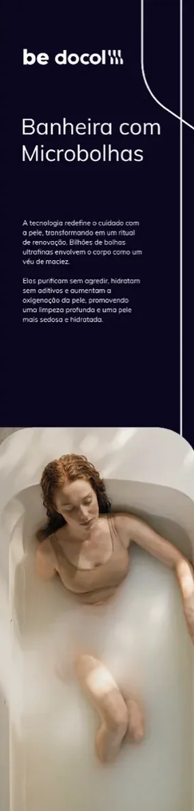 Totem be docol: Banheira com Microbolhas. Fundo roxo-escuro, título em branco, texto do produto, linhas curvas em azul e foto na parte de baixo.