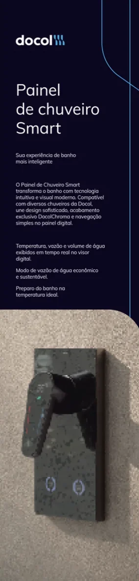 Totem Docol: Painel de chuveiro Smart. Fundo roxo-escuro, título em branco, texto do produto, linhas curvas em azul e foto na parte de baixo.