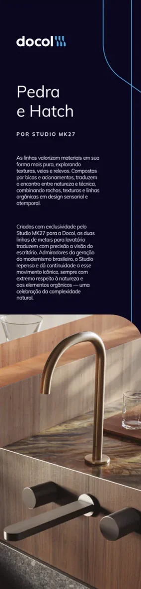 Totem Docol: Pedra e Hatch. Fundo roxo-escuro, título em branco, texto do produto, linhas curvas em azul e foto na parte de baixo.