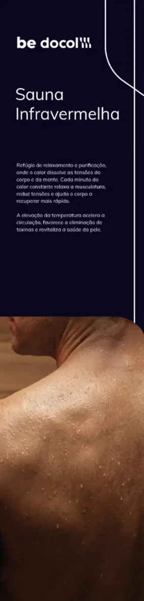 Totem be docol: Sauna Infravermelha. Fundo roxo-escuro, título em branco, texto do produto, linhas curvas em azul e foto na parte de baixo.