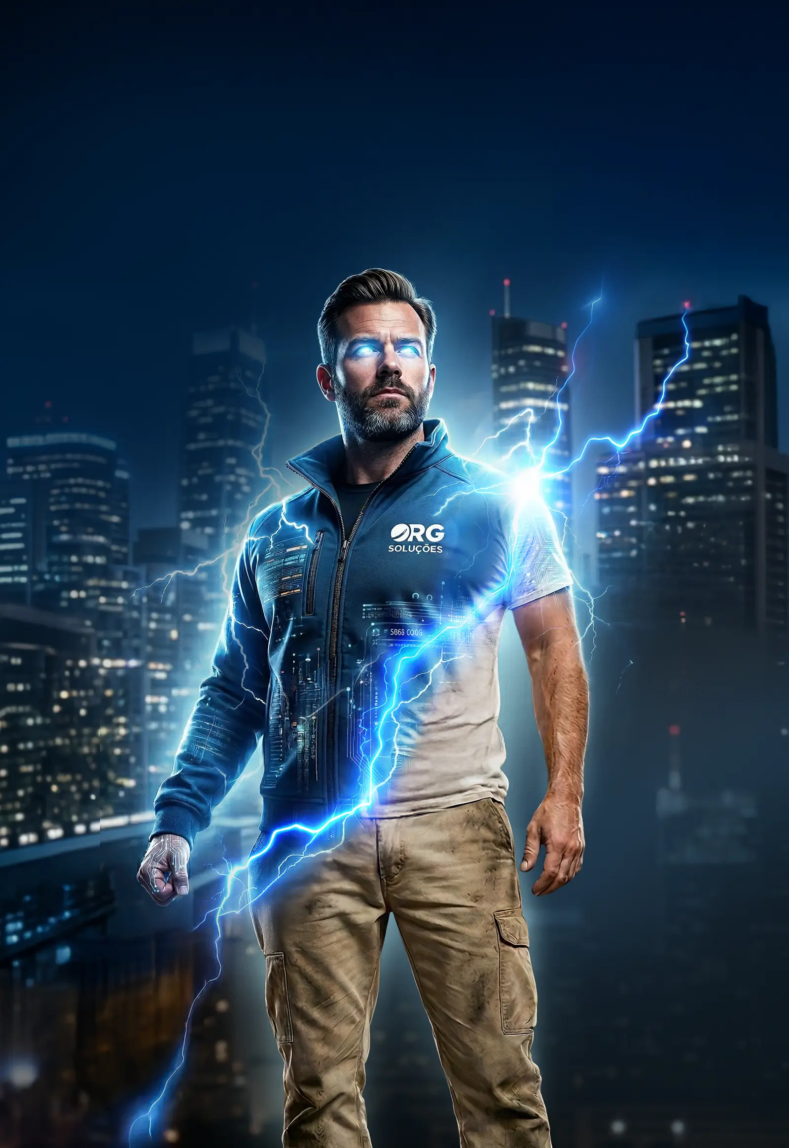 Key visual da RG Soluções: homem com jaqueta da marca envolto por raios elétricos diante de uma cidade à noite.