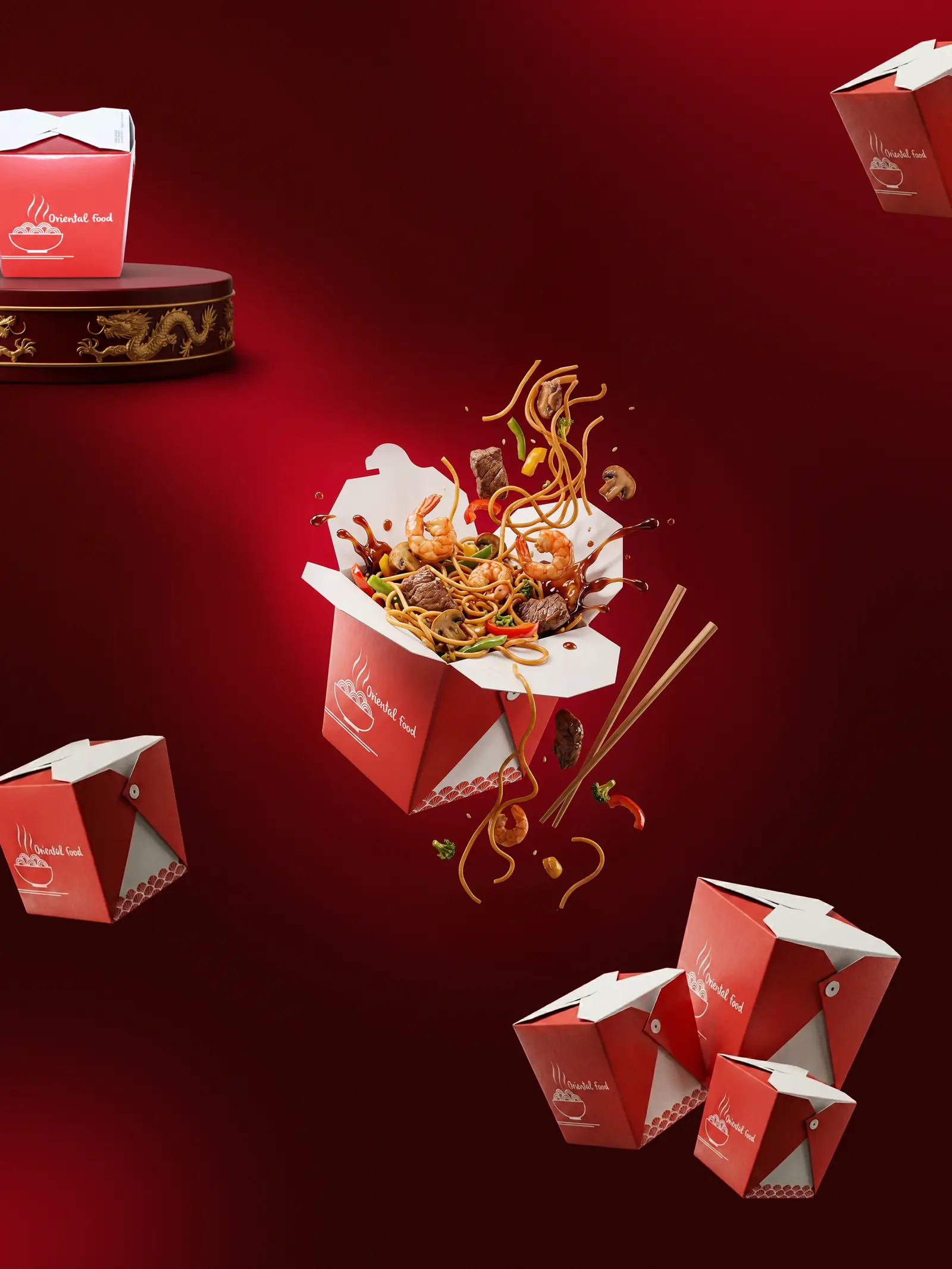 Embalagens da ADG para a Oriental Food flutuando sobre fundo vermelho, com macarrão e camarões saltando da embalagem.