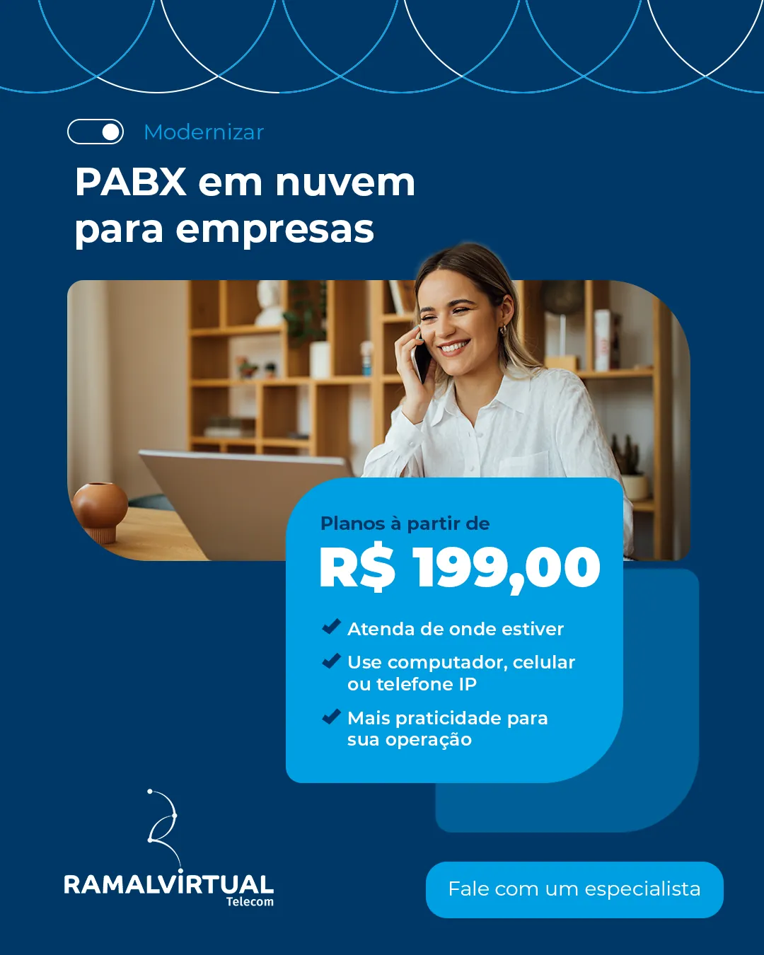Anúncio “PABX em nuvem para empresas”, planos a partir de R$ 199,00.