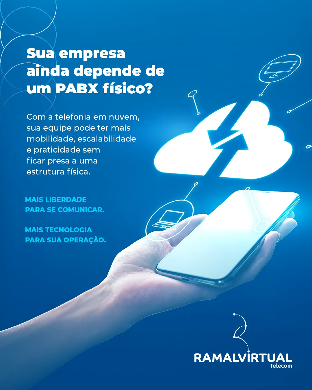 Post “Sua empresa ainda depende de um PABX físico?”, com mão segurando celular.