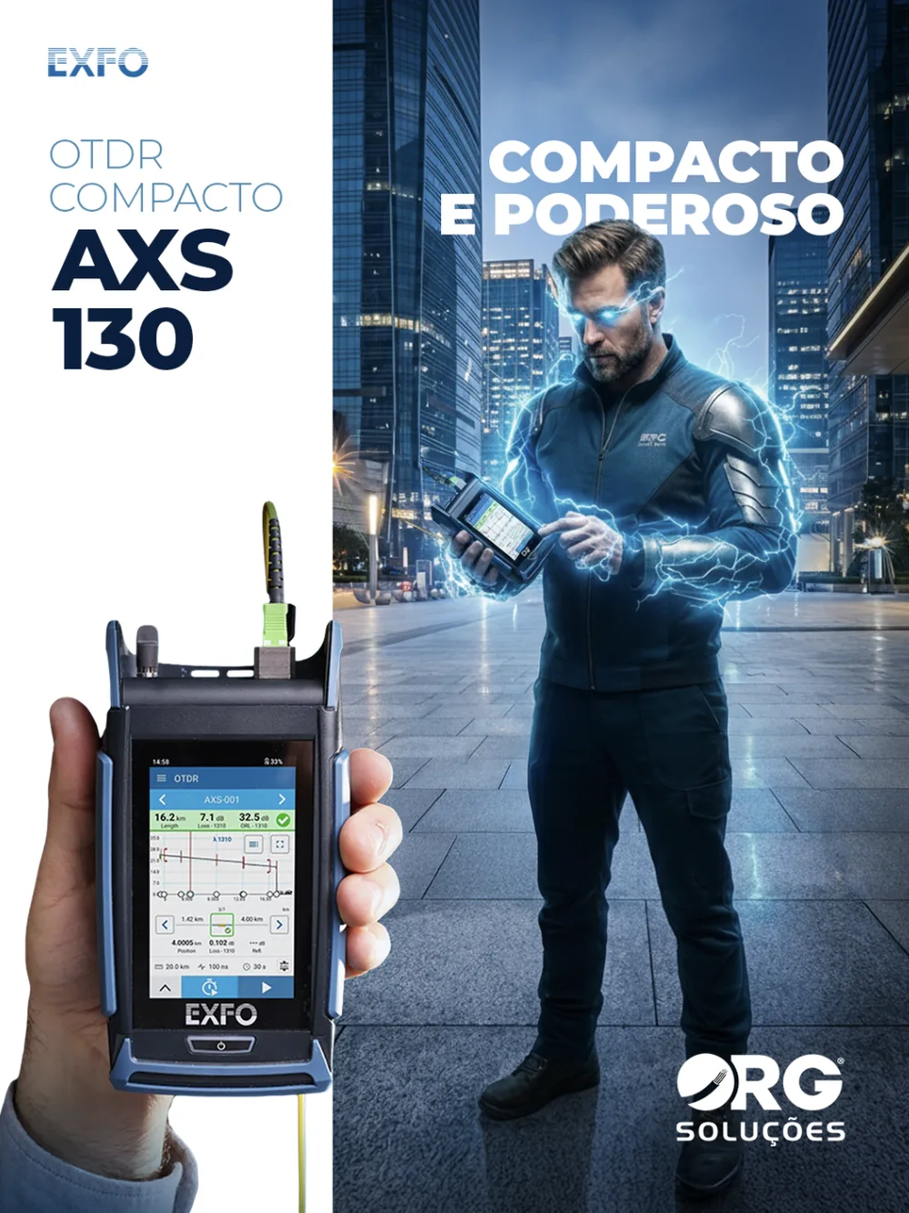 Peça Fiber Hero do OTDR compacto EXFO AXS 130: “Compacto e poderoso”, com o herói operando o equipamento na cidade.