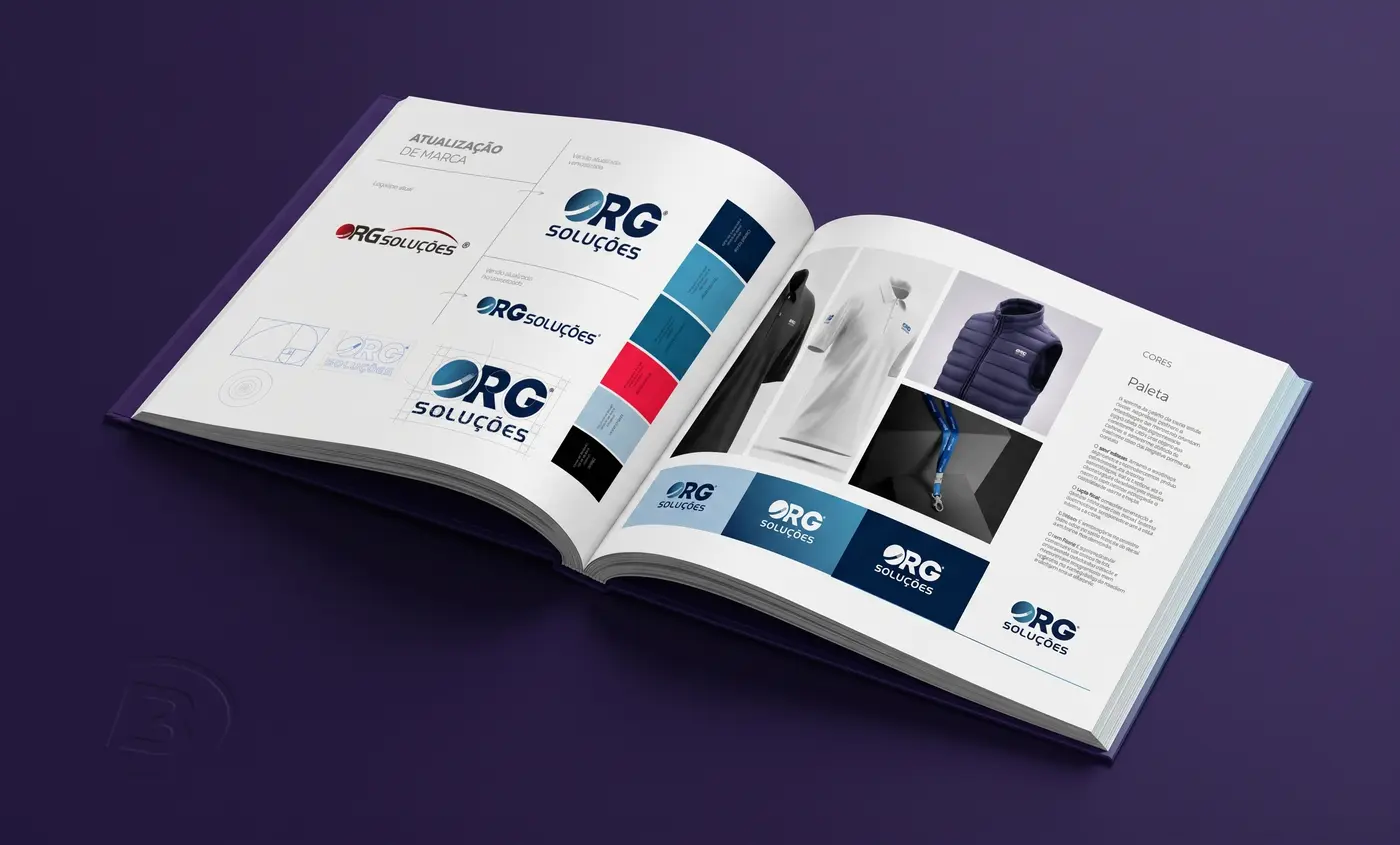 Manual da nova marca da RG Soluções: evolução do logotipo, paleta de cores e aplicações em uniformes.