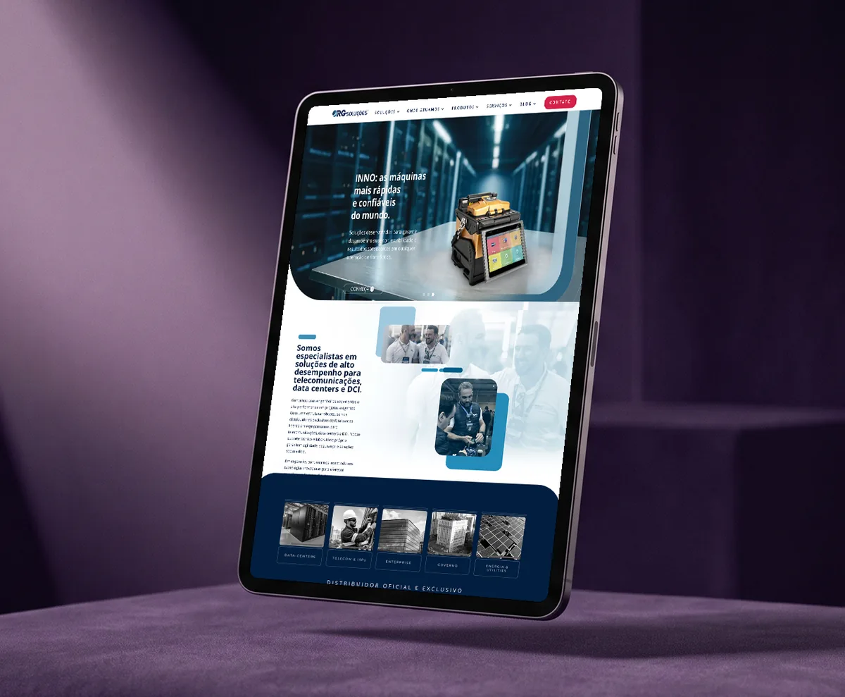 Site da RG Soluções no tablet: destaque INNO, apresentação da empresa e mercados atendidos.