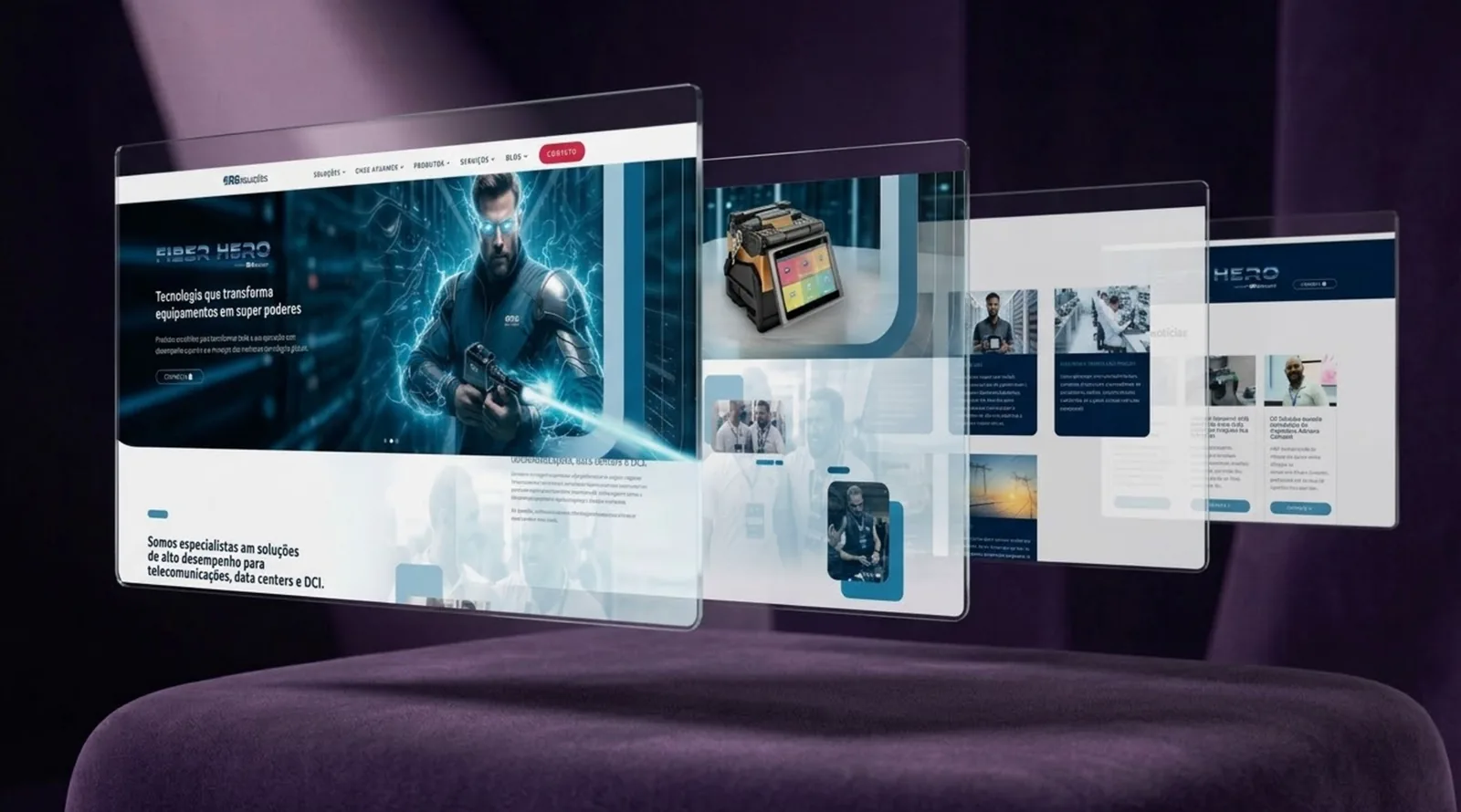 Telas do site da RG Soluções em sequência: home com a campanha Fiber Hero, produtos, soluções e notícias.