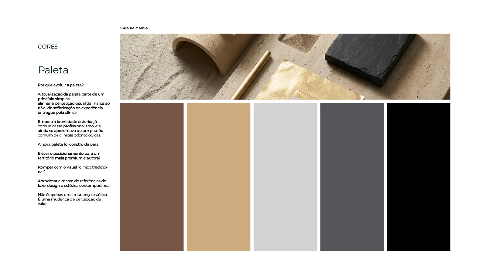 Página do guia de identidade: paleta de cores da clínica em marrom, dourado, cinzas e preto.