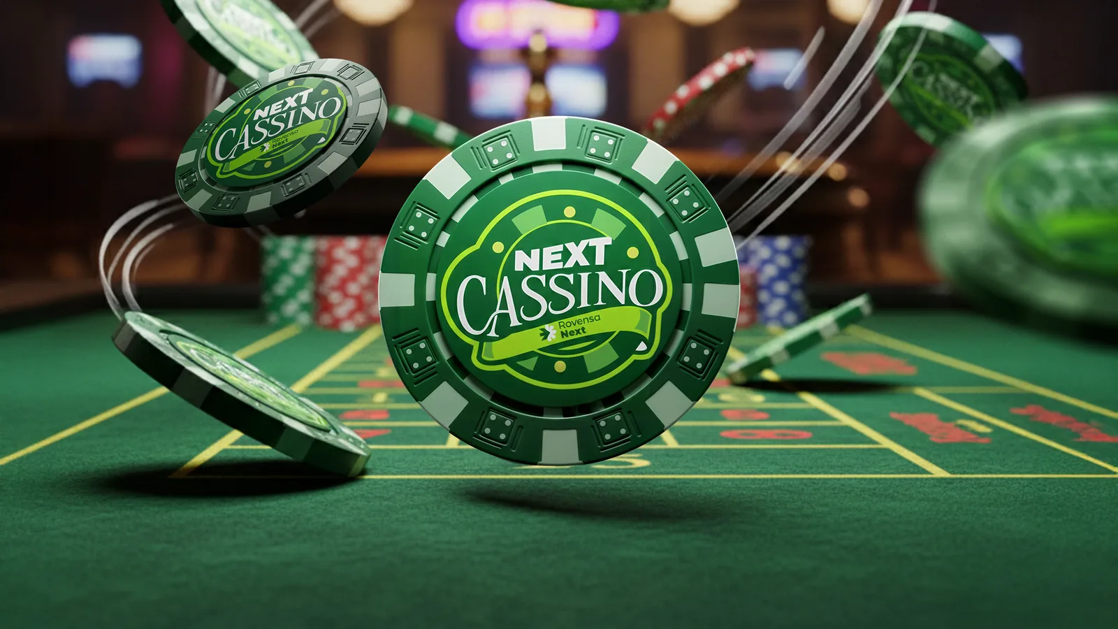 Fichas de cassino verdes com o logo Next Cassino sobre uma mesa de roleta.