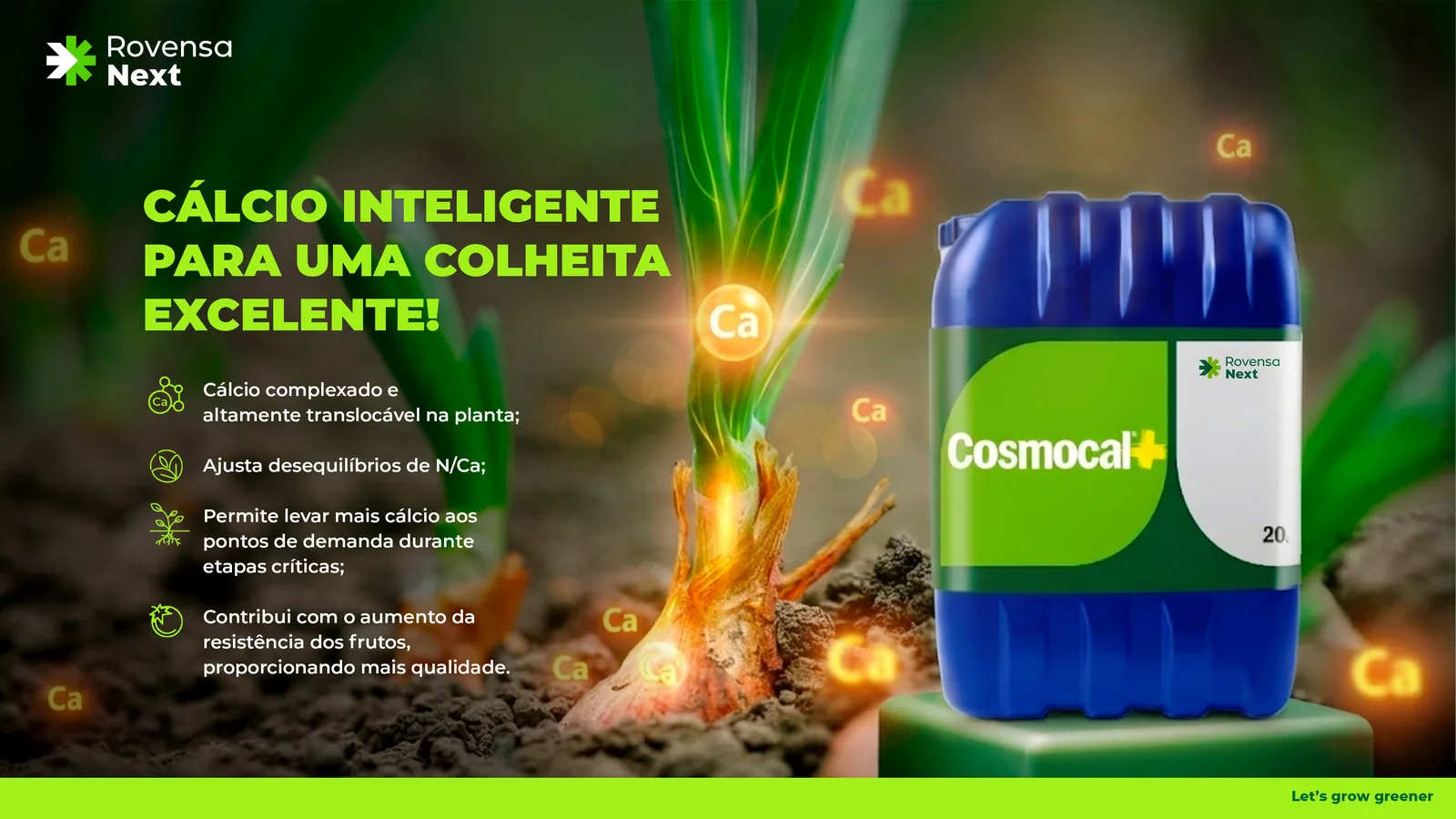 Cebola brotando do solo com partículas de cálcio, ao lado da embalagem Cosmocal.