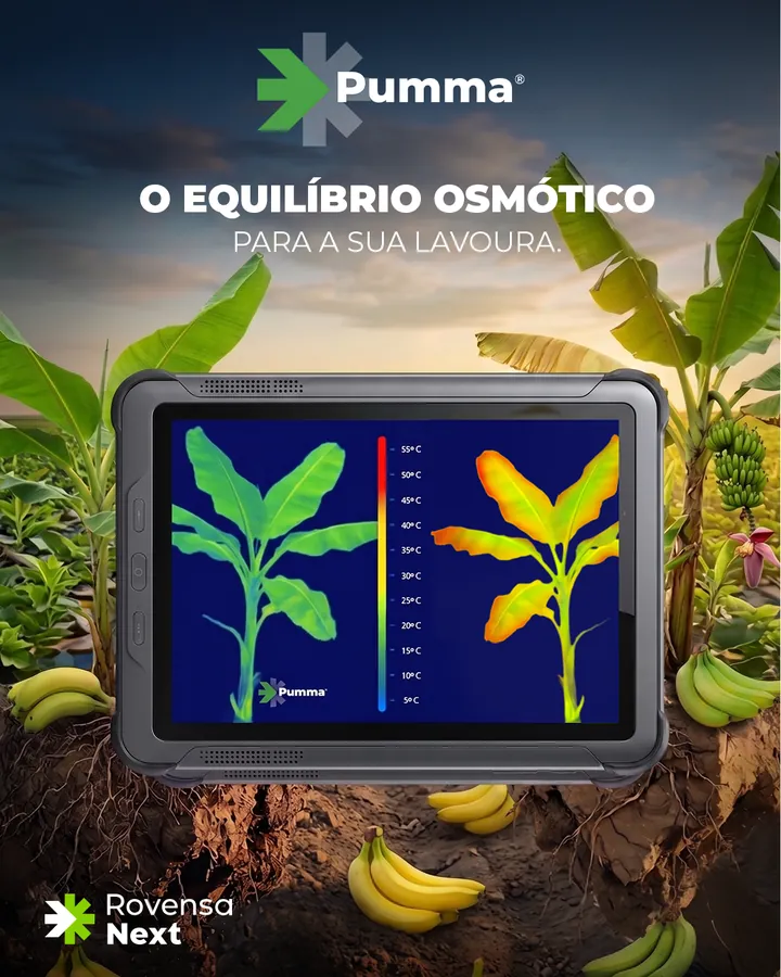 Carrossel Pumma: tablet com imagem térmica de bananeiras sobre um bananal.