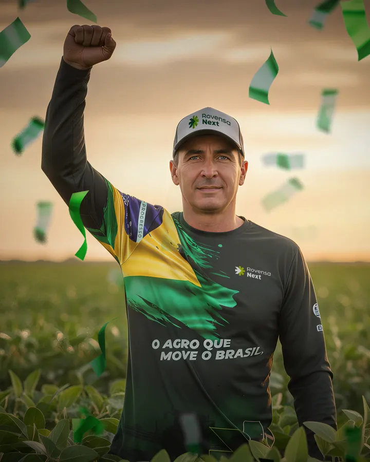 Produtor com a camisa da campanha comemorando na lavoura: “O agro que move o Brasil”.