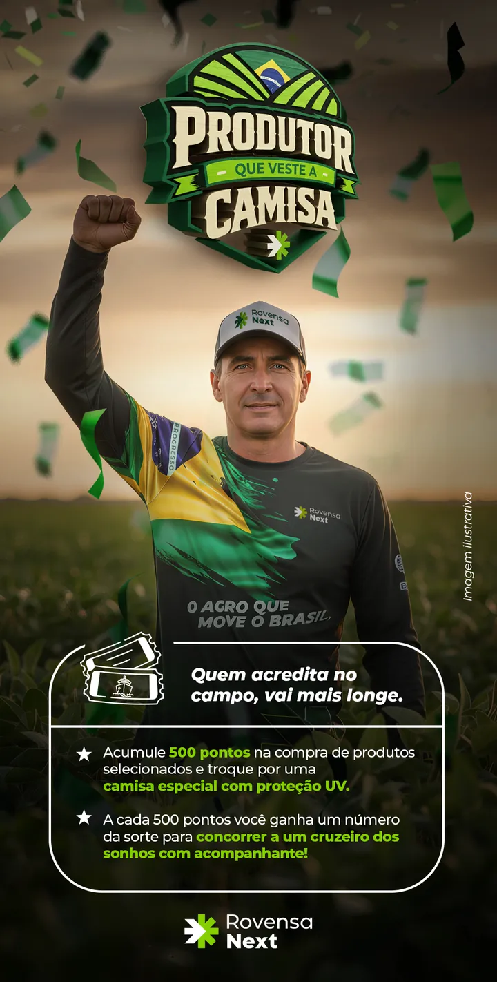 Peça vertical com a mecânica da campanha: 500 pontos trocados por camisa com proteção UV e cupom para o sorteio de um cruzeiro.