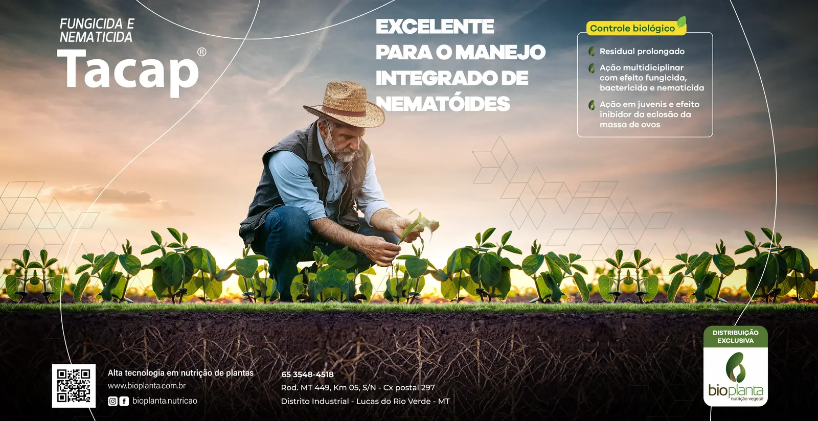 Anúncio do fungicida Tacap, da Bioplanta: agricultor examina uma muda de soja com raízes à mostra.