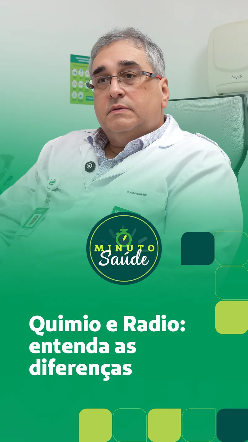 Capa da série Minuto Saúde: “Quimio e Radio: entenda as diferenças”, com o oncologista da cooperativa.