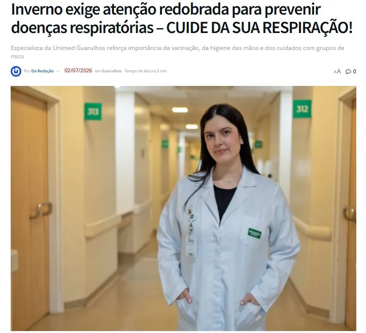 Matéria do G7 News com a infectologista da Unimed Guarulhos sobre doenças respiratórias no inverno.