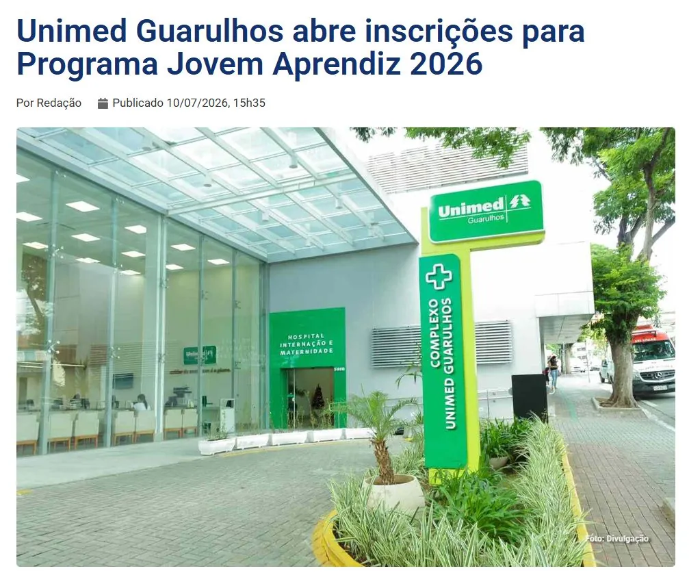 Matéria no portal GRU Diário: “Unimed Guarulhos abre inscrições para Programa Jovem Aprendiz 2026”.