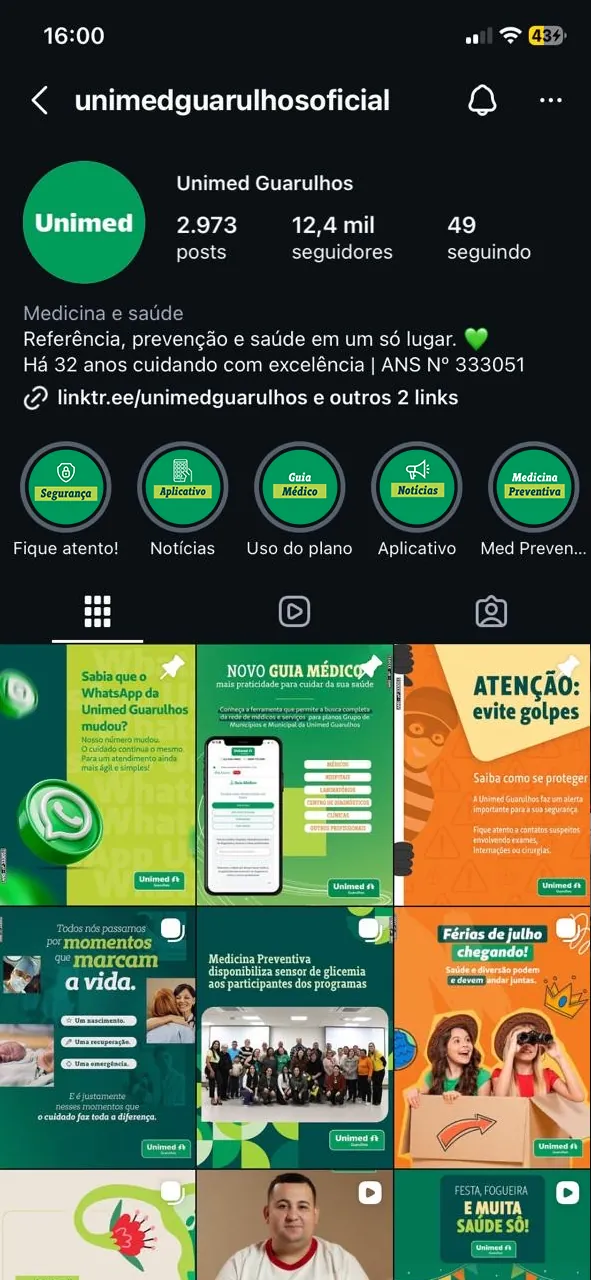 Perfil da Unimed Guarulhos no Instagram, com os destaques redesenhados pela Buzz.
